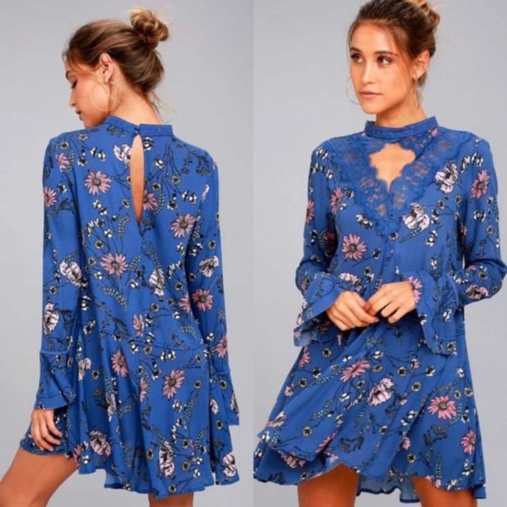 Lulu's Blue Pink Lace Floral Swing Dress Tunic